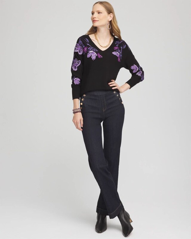 Embroidered V-Neck Dolman Sleeve Sweater - image 2